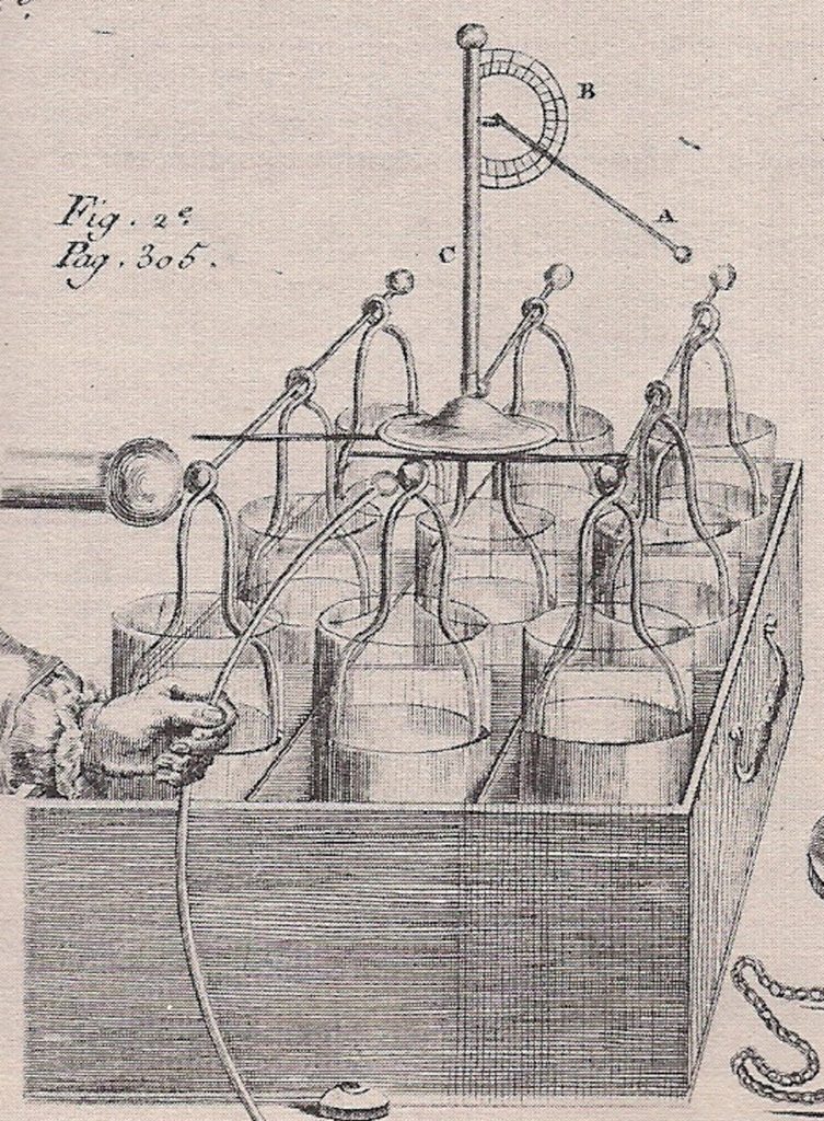 An assembly of Leyden jars to form an electric battery. From the 1773 ...